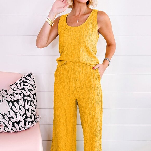 Yellow Crinkled U Neck Tank Top and Wide Leg Pants Set - Picture 5 of 15